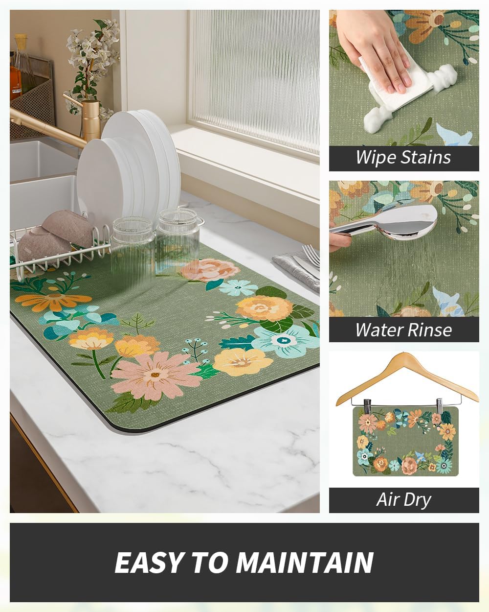 AMOAMI Coffee Mat Hide Stain Rubber Backed Absorbent Dish Drying Mat for Kitchen Counter - Fits Under Coffee Maker - Floral GREEN 12X19