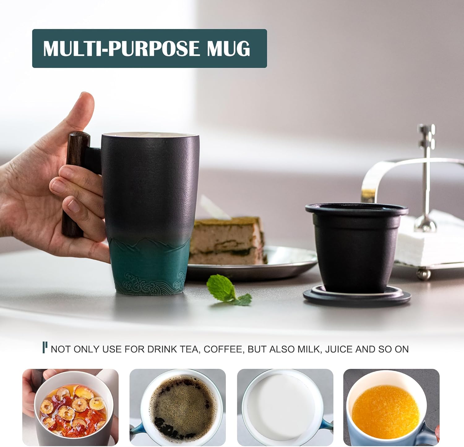 suyika Ceramic Tea Cup with Infuser and Lid Tea Mugs Wooden Handle 400ml/13.5oz Dark Green