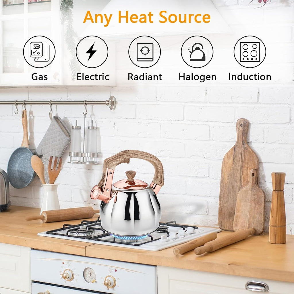 Stainless Steel Tea Kettle for Stove Top Teakettles Stovetop Whistling with Heat Proof Ergonomic Handle 2.5 Quart