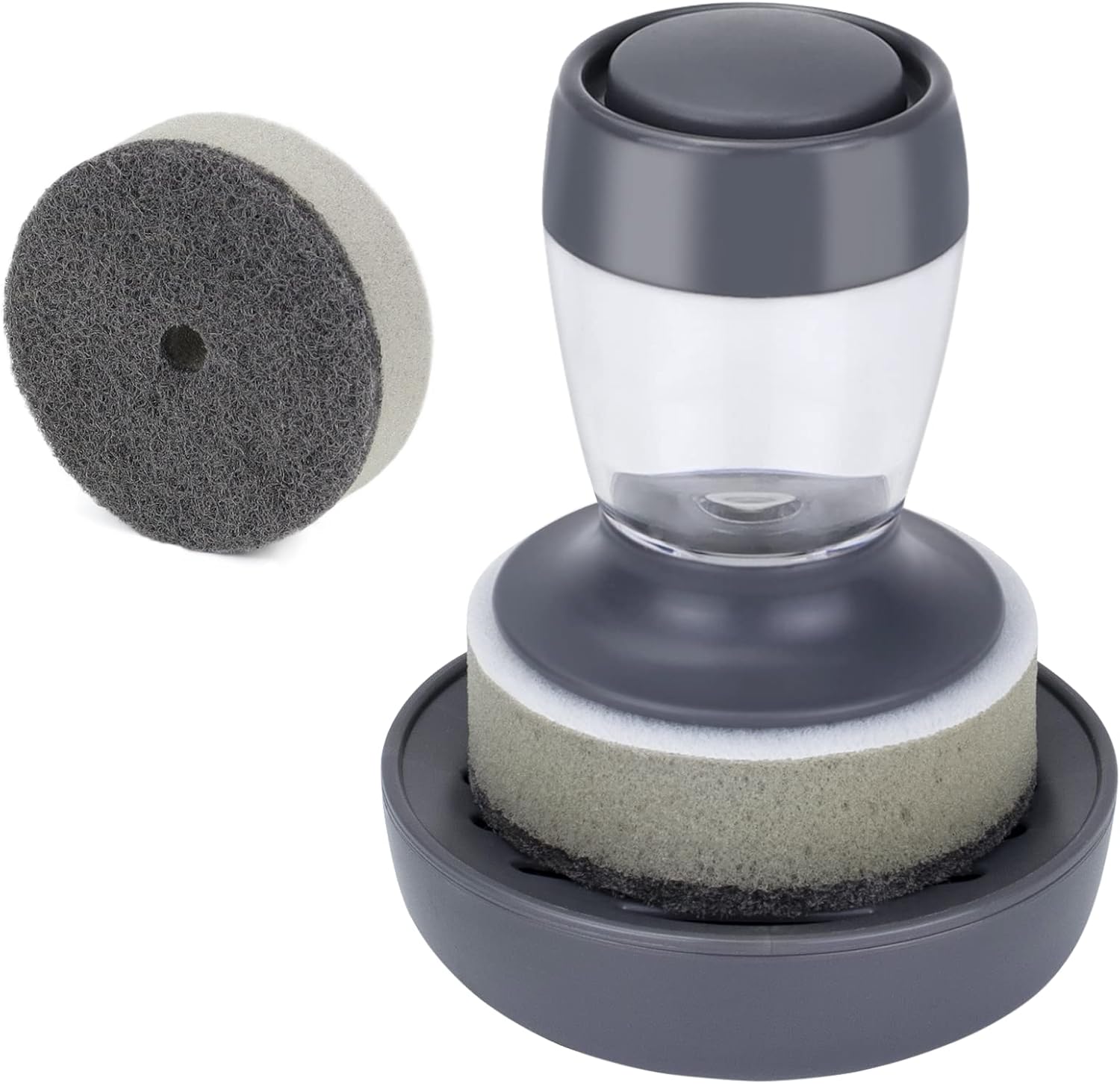 Dish Brush with Soap Dispenser, Kitchen Scrub Brush for Dishes Pots Pans Sink Cleaning, Scrub Sponge Dish Scrubber with Holder Set (Grey Handle & Scrub Sponge)