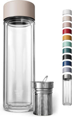 Glass Multi Tea Infuser Bottle 14oz - Double Wall Borosilicate Glass Flask | No Plastic Touches Contents | Perfect for Office or Home - Beige