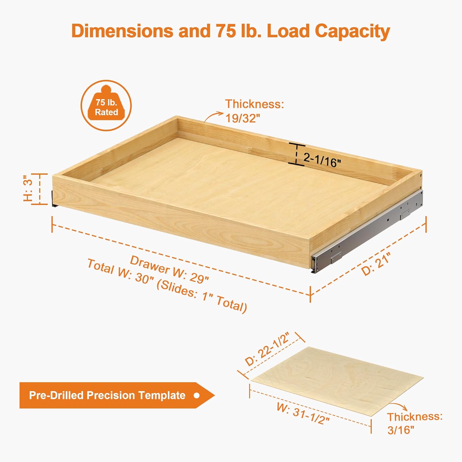 ALINE FURNITURE Pull Out Drawers for Cabinets Birch Wood, 30" W X 21" D Soft Close Slide Out Drawer for Kitchen Cabinets, Pull-out Shelves, Sliding Shelf for Pantry Cabinet Organizer
