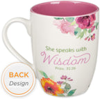 Christian Art Gifts Inspirational Ceramic Coffee & Tea Scripture Mug for Women: She Speaks with Wisdom Bible Verse, Microwave & Dishwasher Safe Drinkware, Multicolor Floral, White & Dark Pink, 12 oz.