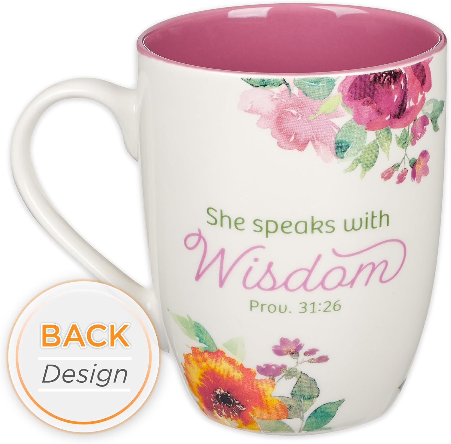 Christian Art Gifts Inspirational Ceramic Coffee & Tea Scripture Mug for Women: She Speaks with Wisdom Bible Verse, Microwave & Dishwasher Safe Drinkware, Multicolor Floral, White & Dark Pink, 12 oz.