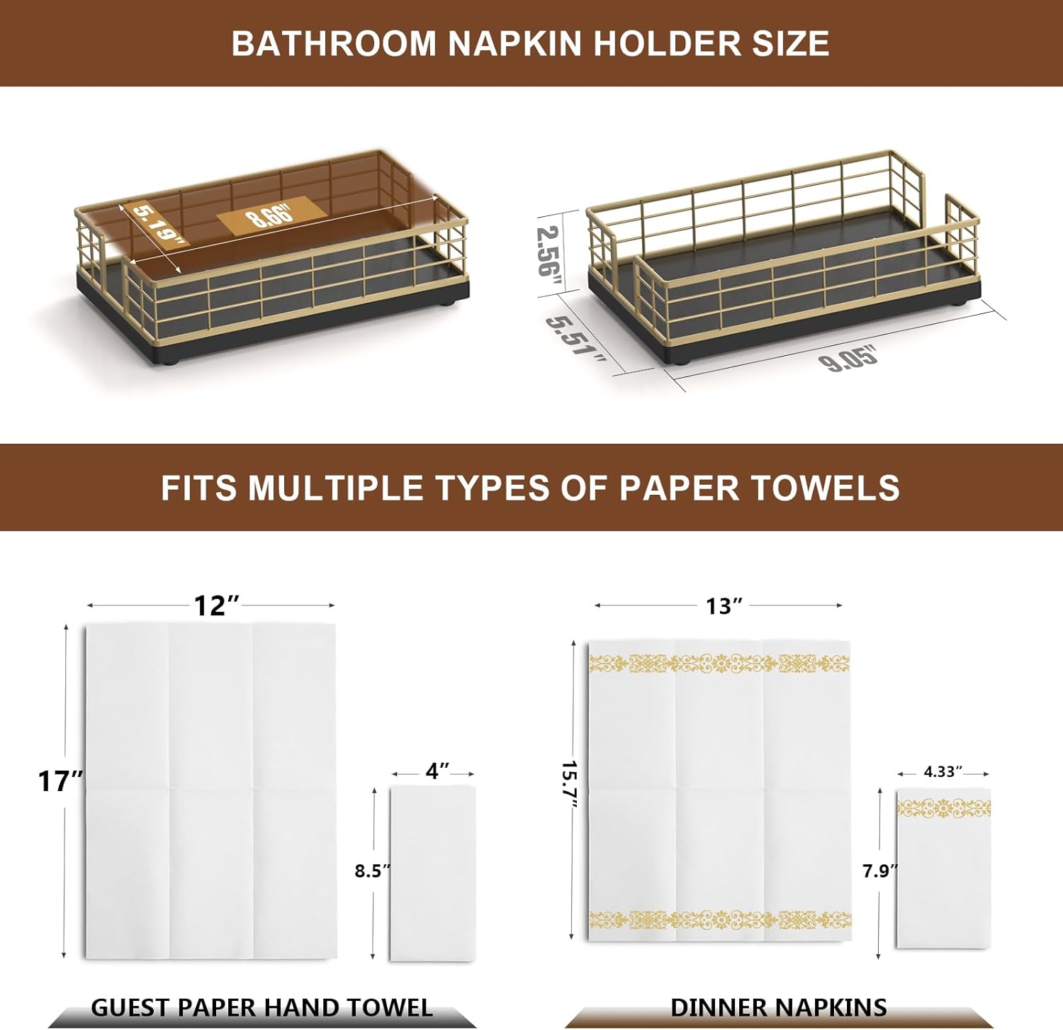 Wican Guest Towel Holder Tray for Bathroom, Oak and Iron Napkins Holder for Powder Room Dinning Table Wooden Basket for Disposable Paper Hand Towels Gold and Black