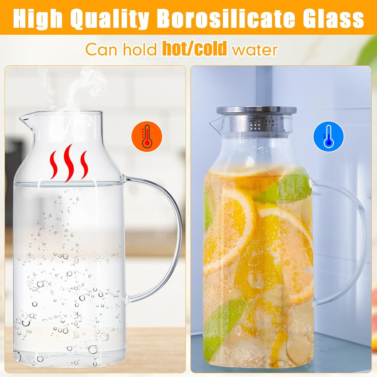Honeydak 2 Pack 2.5 L/ 85 oz Glass Pitchers with Lids and Handles for Fridge Clear Iced Tea Pitchers with Spout Borosilicate Carafe Jars Large Jugs for Hot Cold Drink Tea Coffee Juice Beverage