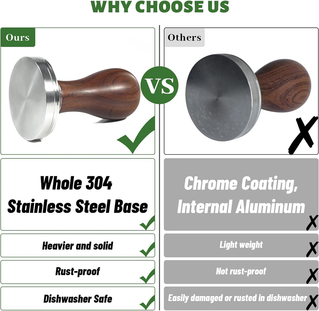 Coffee Tamper Espresso Press with Tamper Mat 304 Stainless Steel Flat Base Wooden Handle for Coffee Grounds Barista Espresso Machines Accessory (51MM)