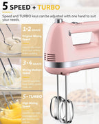 Electric Hand Mixer, Powerful 300W Hand Mixer Electric Handheld with 304 Beaters, Dough Hook,Hand Held Mixer with Turbo for Baking Cakes, Eggs, Cream Food(Pink)