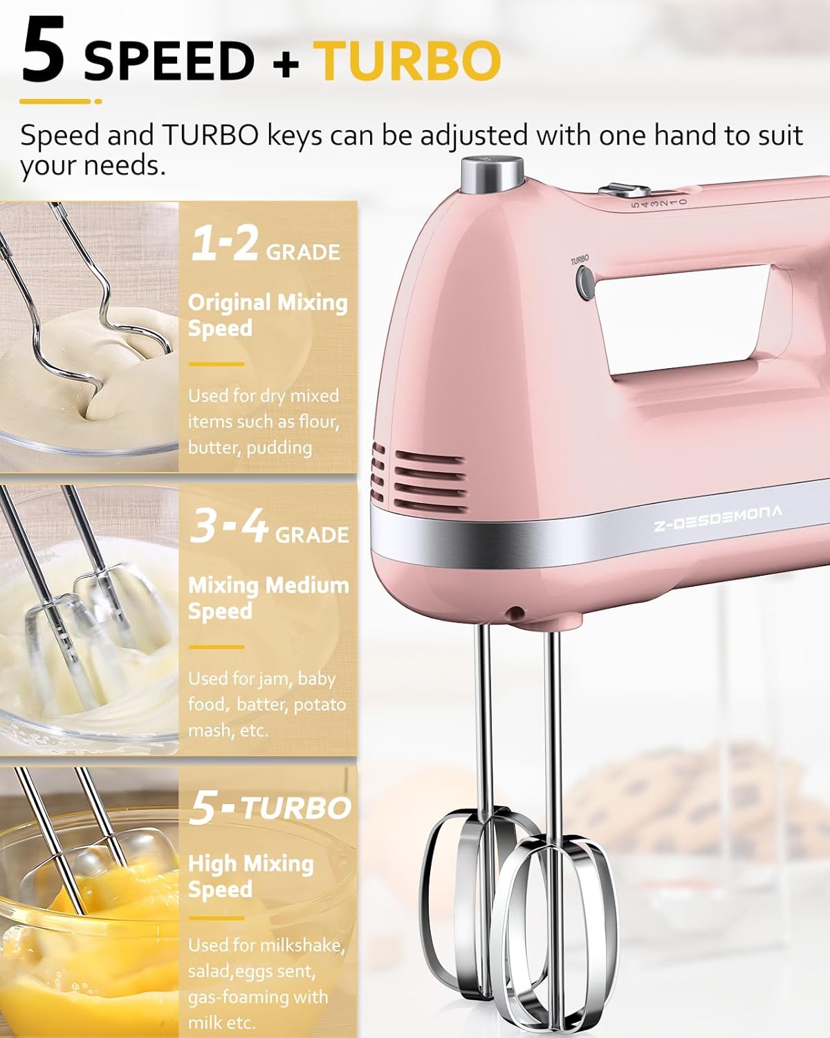 Electric Hand Mixer, Powerful 300W Hand Mixer Electric Handheld with 304 Beaters, Dough Hook,Hand Held Mixer with Turbo for Baking Cakes, Eggs, Cream Food(Pink)