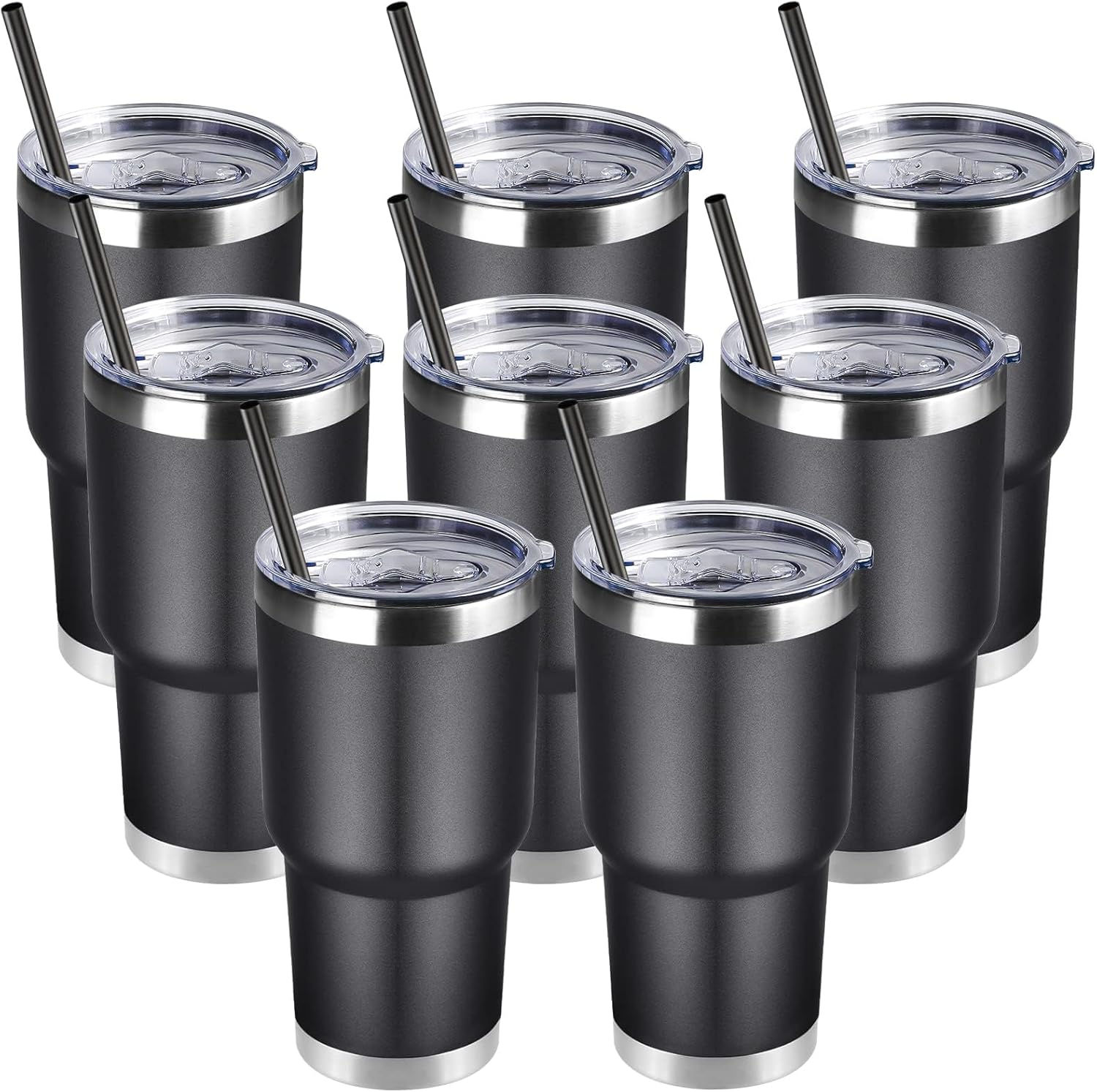DOMICARE 30oz Tumbler Bulk with Lid and Straw, Double Wall Travel Coffee Mug, Insulated Vacuum Stainless Steel Tumblers, Powder Coated Tumbler Cup (Black, 8)