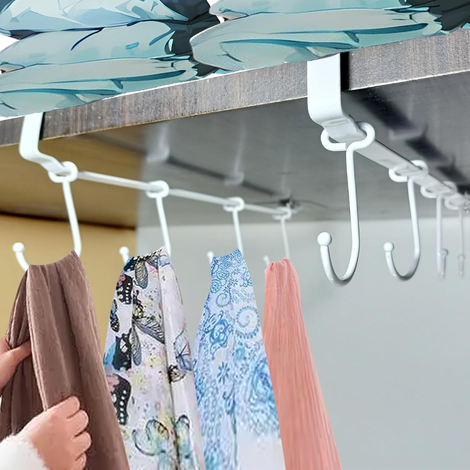 Adjustable Mug Holder Under Cabinet - Coffee Cup Holder with 8 Mug Hooks Under Shelf - White - Space Saving and Versatile