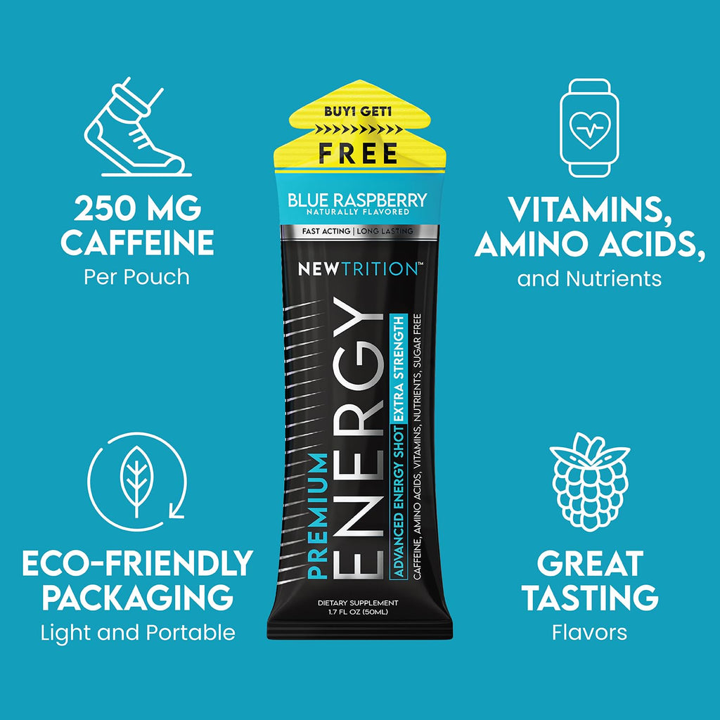 NewTrition® Extra Strength Energy Shots, 250mg Caffeine Energy Shots with Vitamin B & Amino Acids, Sugar-Free Vitamin Energy Shot, 1.7 fl oz (Pack of 12, Blue Raspberry)