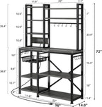 Baker Rack with Power Outlet - Microwave Stand with Storage, Large Coffee Bar Station with 14 Hooks, Metal Kitchen Shelf Rack for Spices, Pots (Rustic Grey)