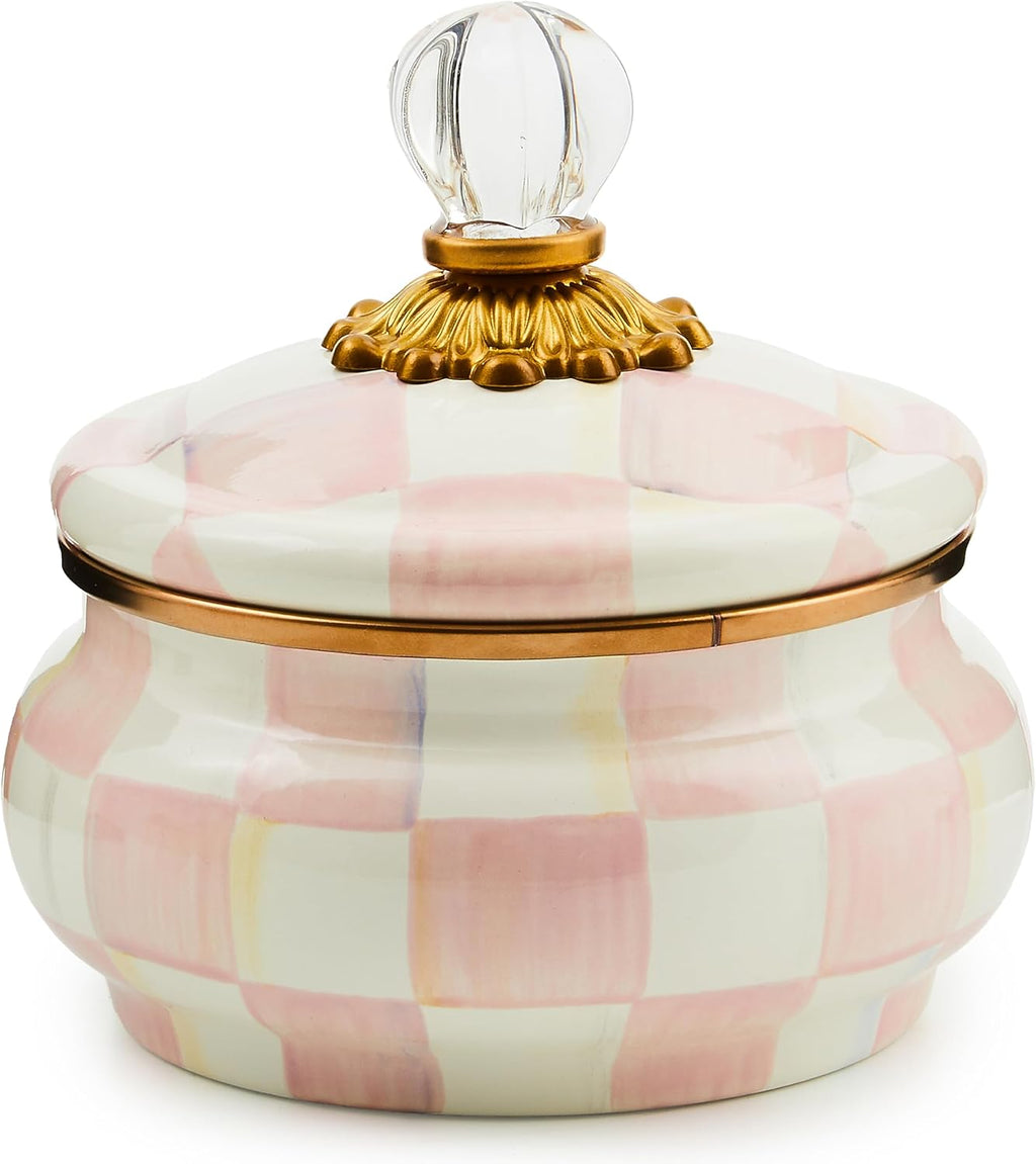 MACKENZIE-CHILDS Enamel Squashed Pot, Cute Enameled Container with Lid, 20 Ounces, Pink-and-White Rosy Check