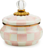 MACKENZIE-CHILDS Enamel Squashed Pot, Cute Enameled Container with Lid, 20 Ounces, Pink-and-White Rosy Check