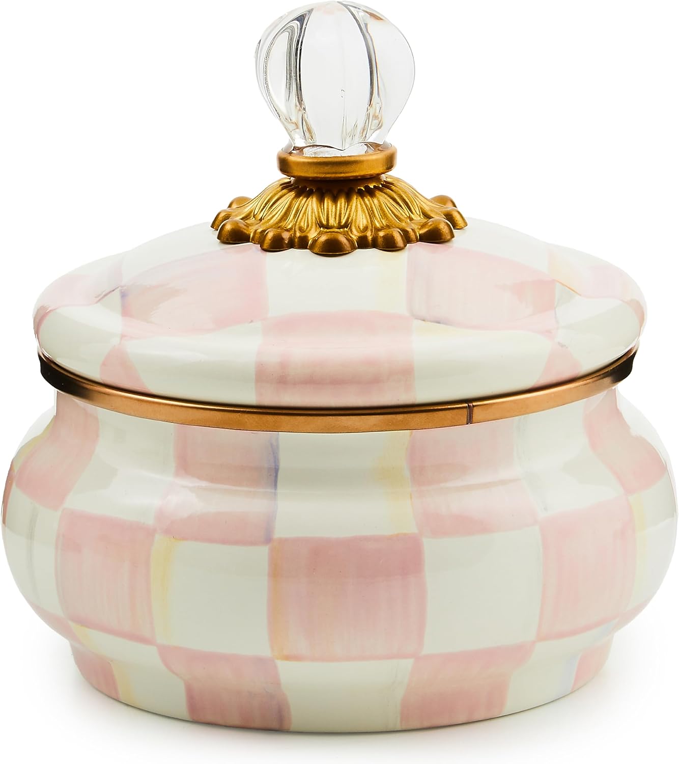 MACKENZIE-CHILDS Enamel Squashed Pot, Cute Enameled Container with Lid, 20 Ounces, Pink-and-White Rosy Check