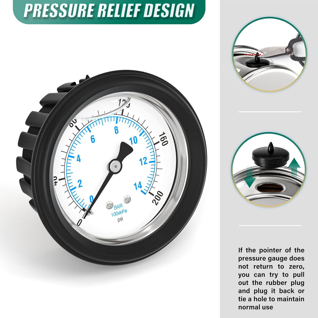 0-200PSI Stainless Steel Liquid Filled Pressure Gauge, 2.5" Dial Size, 1/4" NPT Back Mount, with Rubber Protective Sleeve, for Tube, Water Pump, Gas, Liquid, Pressure Test