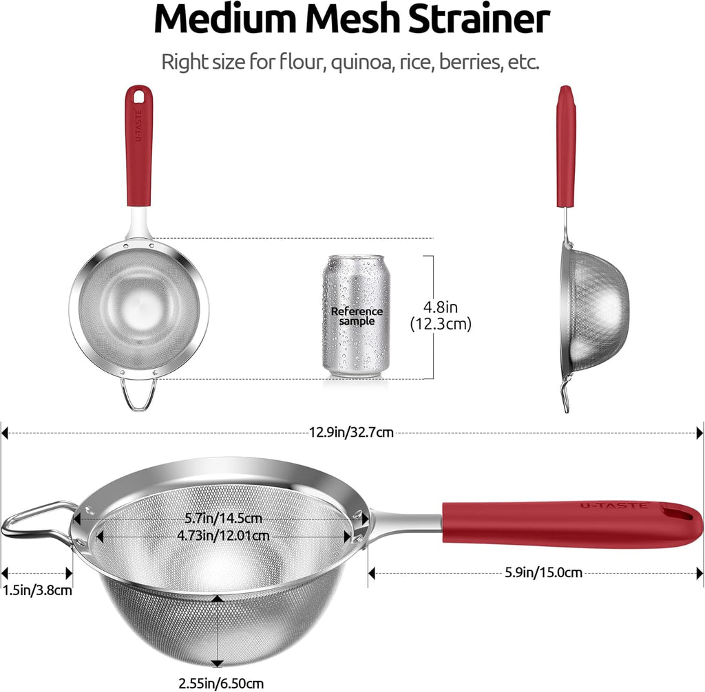 U-Taste Medium Fine Mesh Strainer: 18/8 Stainless Steel 4.73in 30 Mesh Kitchen Food Sieve with Sturdy Riveted Silicone Handle, Heavy Duty Deep Handheld Metal Colander for Rice, Quinoa, Flour (Red)
