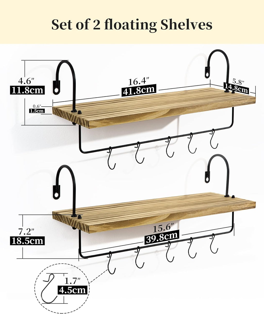 Floating Shelves with Hooks, Wall Mount Mug Holder Coffee Bar Accessories Wood Kitchen Organizer Storage with Towel Rack for Bathroom Set of 2