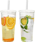 GOSCHE Glass Cups with Lids and Straws, 20oz Glass Cups Drinking Jar, Clear Iced Coffee Cups, Vintage Ripple Glass Tumbler for Water Coffee Tea, Clear, 2Pcs