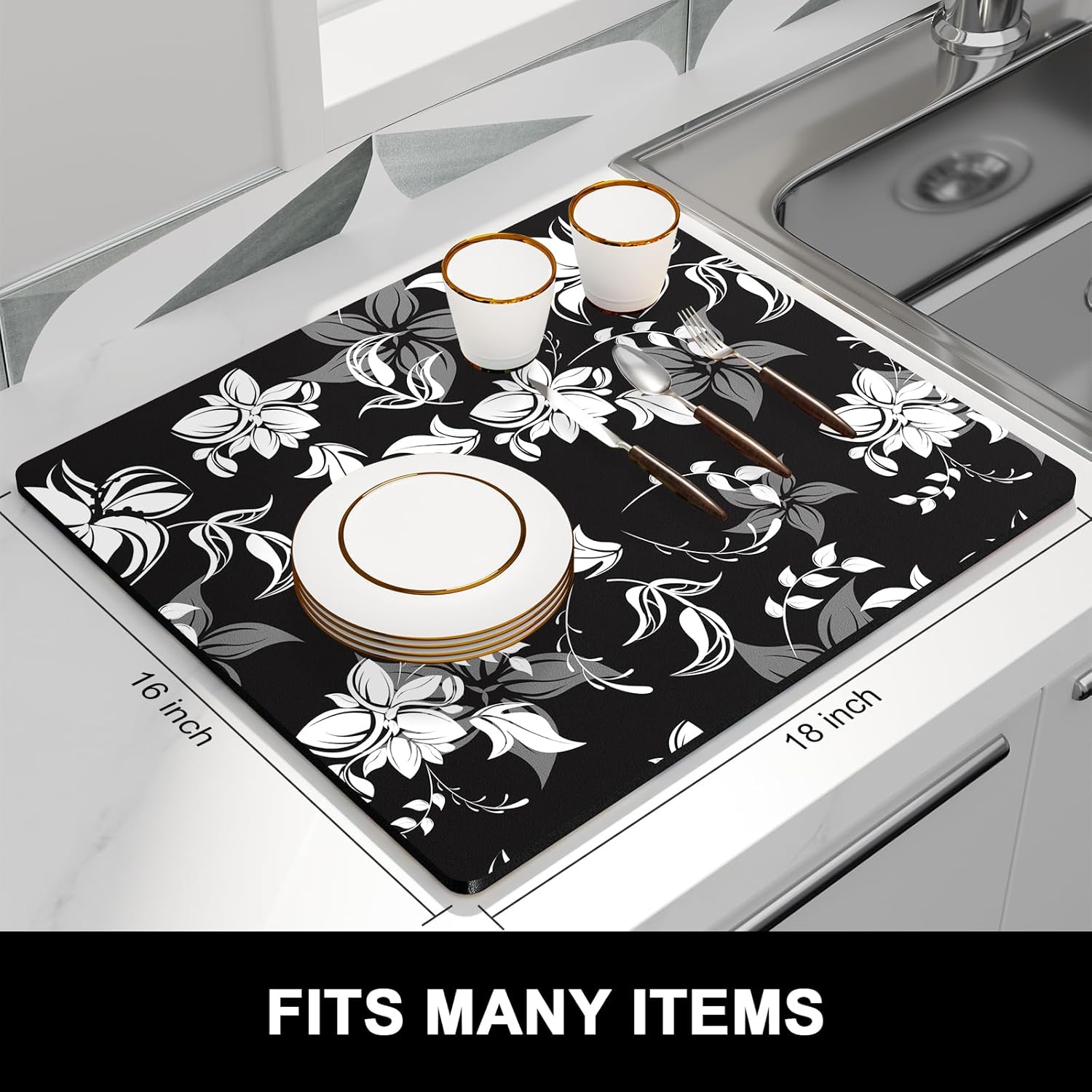 Rnivvi Dish Drying Mat for Kitchen Counter, 16 x 18" Cute Flower Theme Absorbent Heat Resistant Drying Pad with Non-slip Rubber, Coffee Bar Mats for Dish Rack Kitchen Accessories, Black White