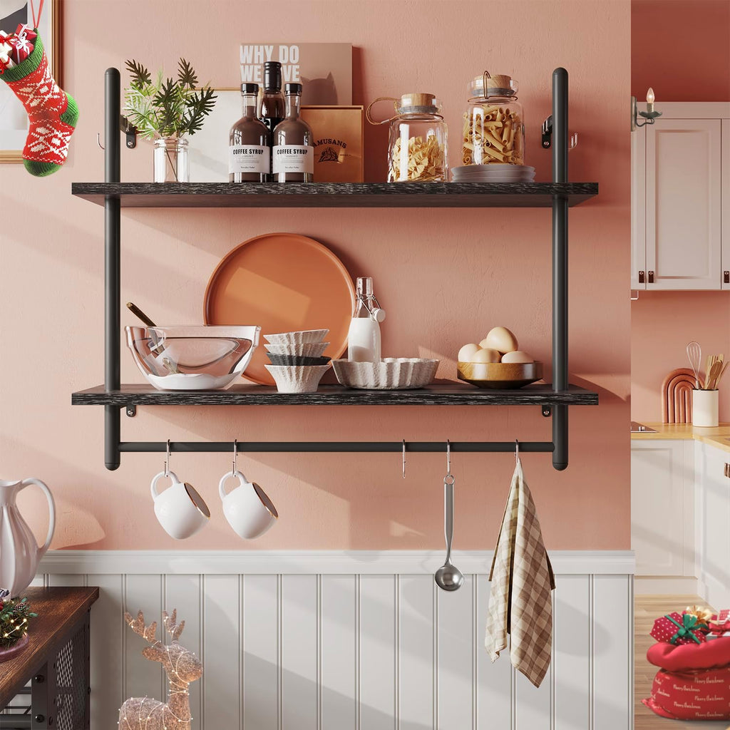 Bestier Pipe Shelf Industrial Floating Shelving 31" Kitchen Wall-Mounted Shelf Towel Bar Hooks Coffee Bar Shelves Wine Hanging Display Rack Bookshelf Living Room Decor Bathroom-Charcoal Black