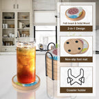 Wood Coasters Set of 6 with Holder, Cewiru Cup Mat for Drinks, Absorbent Coasters with Felt Insert for Coffee Table Protection, Modern Style Home Dining Table Decor, 4.3" Colorful