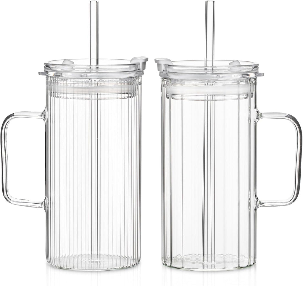 KEMORELA 2PCS Glass Tumbler with Lid and Straw - 24oz Ribbed Drinking Cups with Straw & Lid, Iced Coffee Cups - Reusable Glass Tumblers for Tea, Juice, Bubble Tea