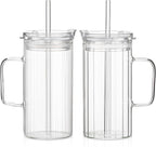 KEMORELA 2PCS Glass Tumbler with Lid and Straw - 24oz Ribbed Drinking Cups with Straw & Lid, Iced Coffee Cups - Reusable Glass Tumblers for Tea, Juice, Bubble Tea