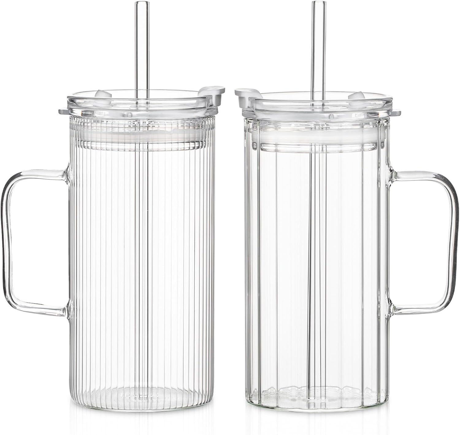 KEMORELA 2PCS Glass Tumbler with Lid and Straw - 24oz Ribbed Drinking Cups with Straw & Lid, Iced Coffee Cups - Reusable Glass Tumblers for Tea, Juice, Bubble Tea
