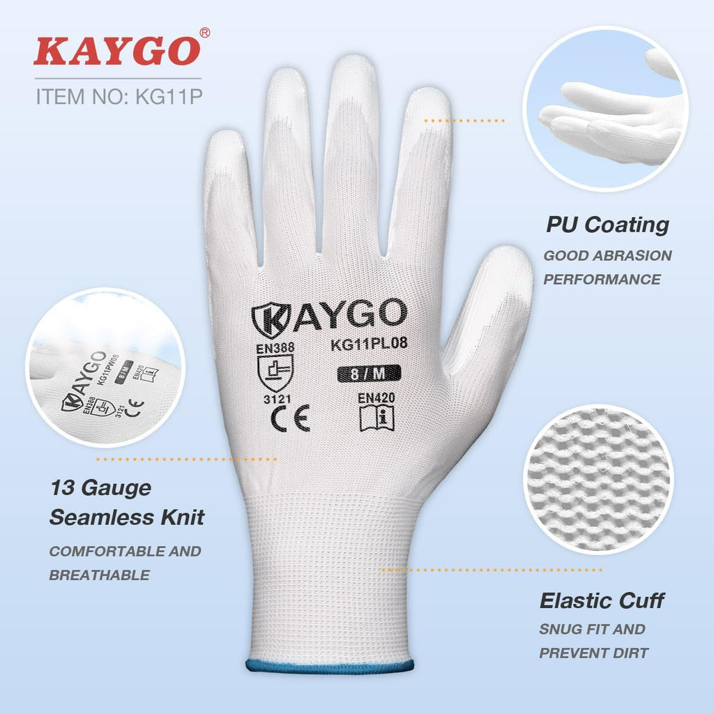 KAYGO Safety Work Gloves PU Coated,60 Pairs KG11P Seamless Knit Glove with Polyurethane Coated Smooth Grip on Palm & Fingers for Men and Women (M, White)