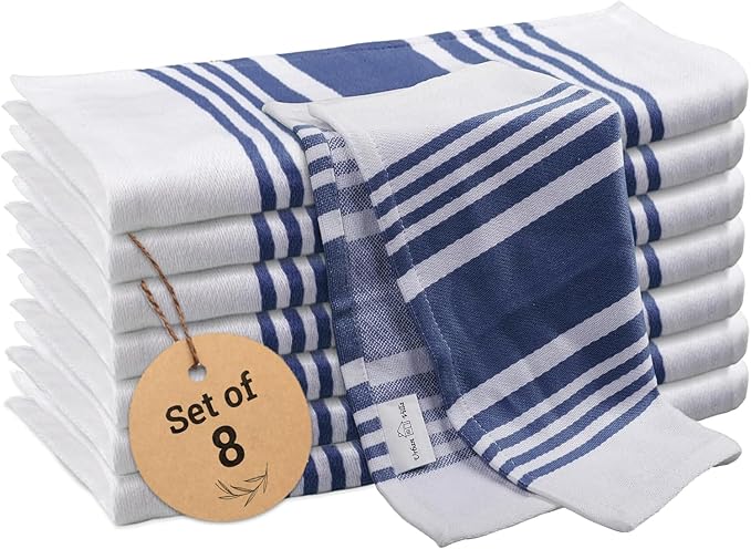 Urban Villa Dish Cloth 100% Cotton Pack of 8, Highly Absorbent Quick Drying Soft Premium Dish Towels for Kitchen with Hanging Loop Hand & Tea Towels - 12x12 Inch, (Indigo Blue & White, Striped)