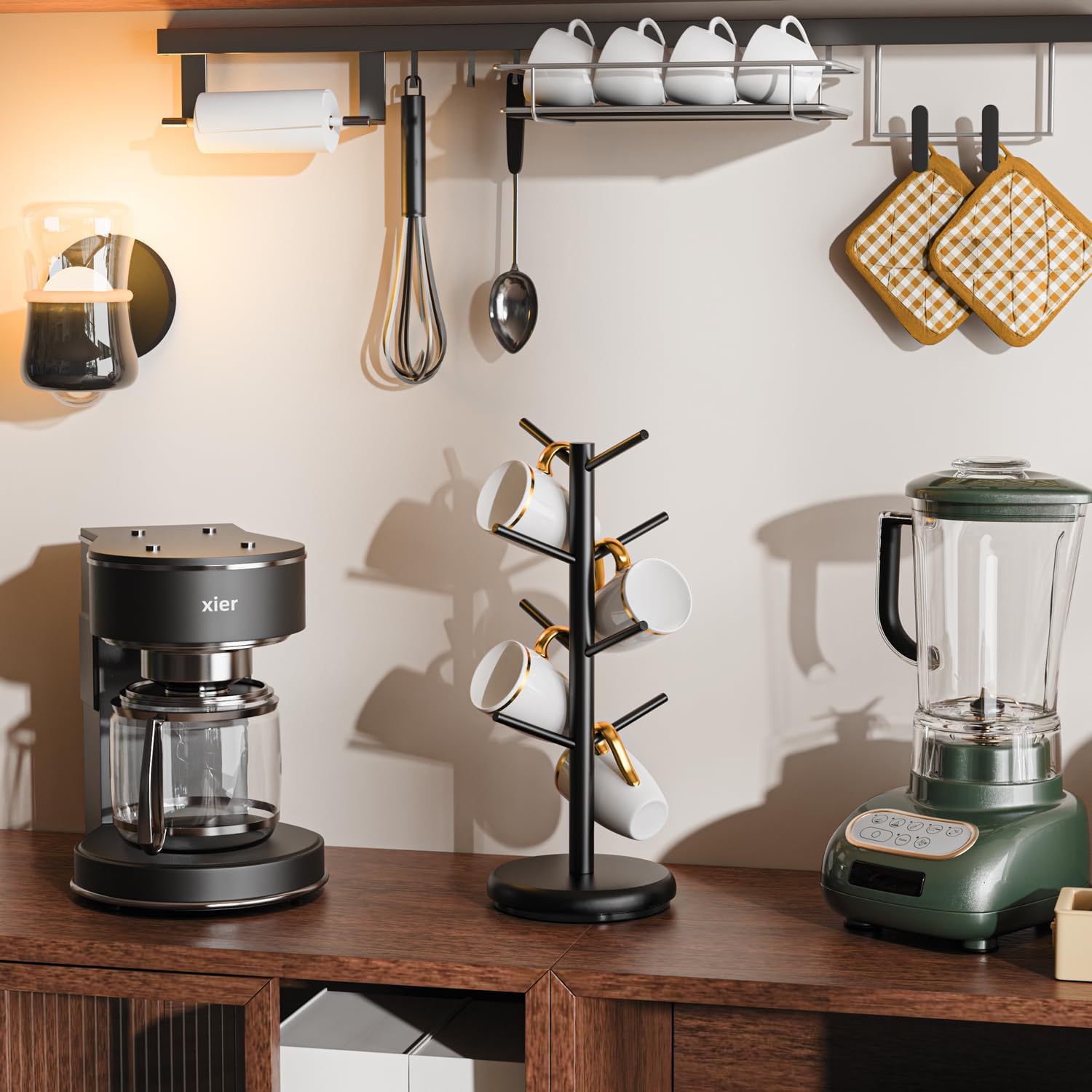 BAMBANG Coffee Mug Tree, 360° Rotating Bamboo Cup Holder Tree for Counter Top, Mug Rack with 8 Hooks, Mug Stand for Coffee Bar, Home, Black