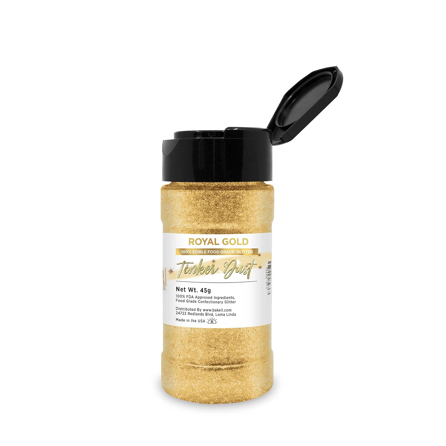 BAKELL Royal Gold Edible Glitter, 45 Grams | TINKER DUST Edible Glitter | KOSHER Certified | 100% Edible Glitter | Cakes, Cupcakes, Cake Pops, Drinks, Dessert Vegan Glitter & Dusts (45g Shaker, Royal Gold)