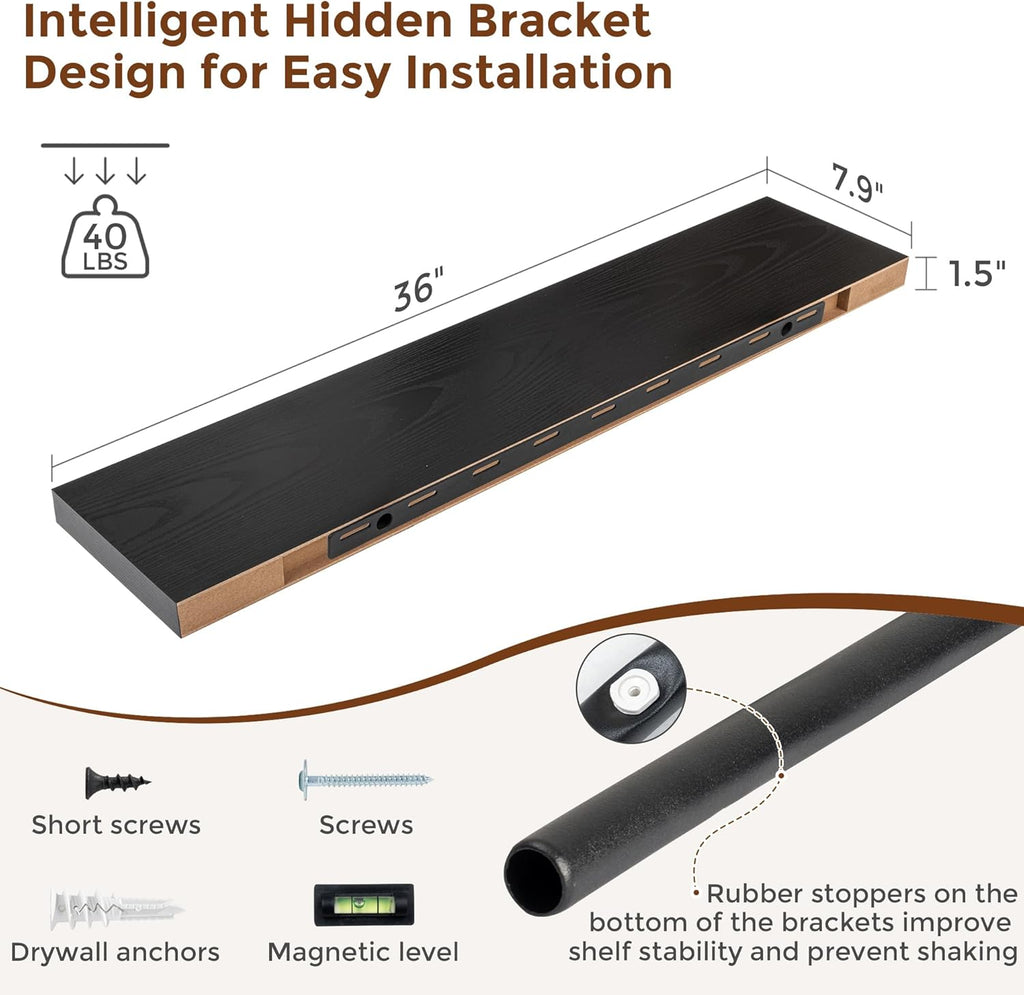 Heimlove 36 Inch Floating Shelves for Wall 8 Inch Deep Black Shelves Set of 2,Wall Mounted Rustic Wood Long Floating Shelf with Invisible Brackets for Bedroom Kitchen Living Room