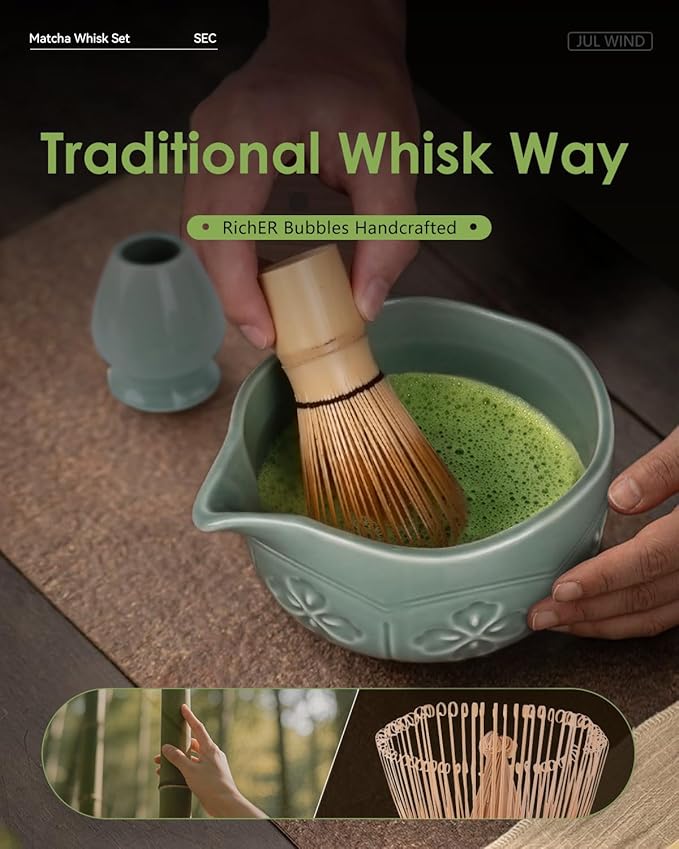 Matcha Whisk Set, Ceramic Matcha Bowl, Bamboo Whisk, Scoop, Sifter, Holder, Tea Towel - 6 Pcs Matcha Kit Gift for Matcha Lovers Beginners (Green)