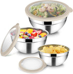TeamFar Mixing Bowls with Lids, 4.5/3/1.5 QT Stainless Steel Nesting Salad Bowls with Airtight Lids, For Serving/Mixing/Storing/Prepping, Healthy & Sturdy, Visible & Easy Clean, Khaki, Set of 3