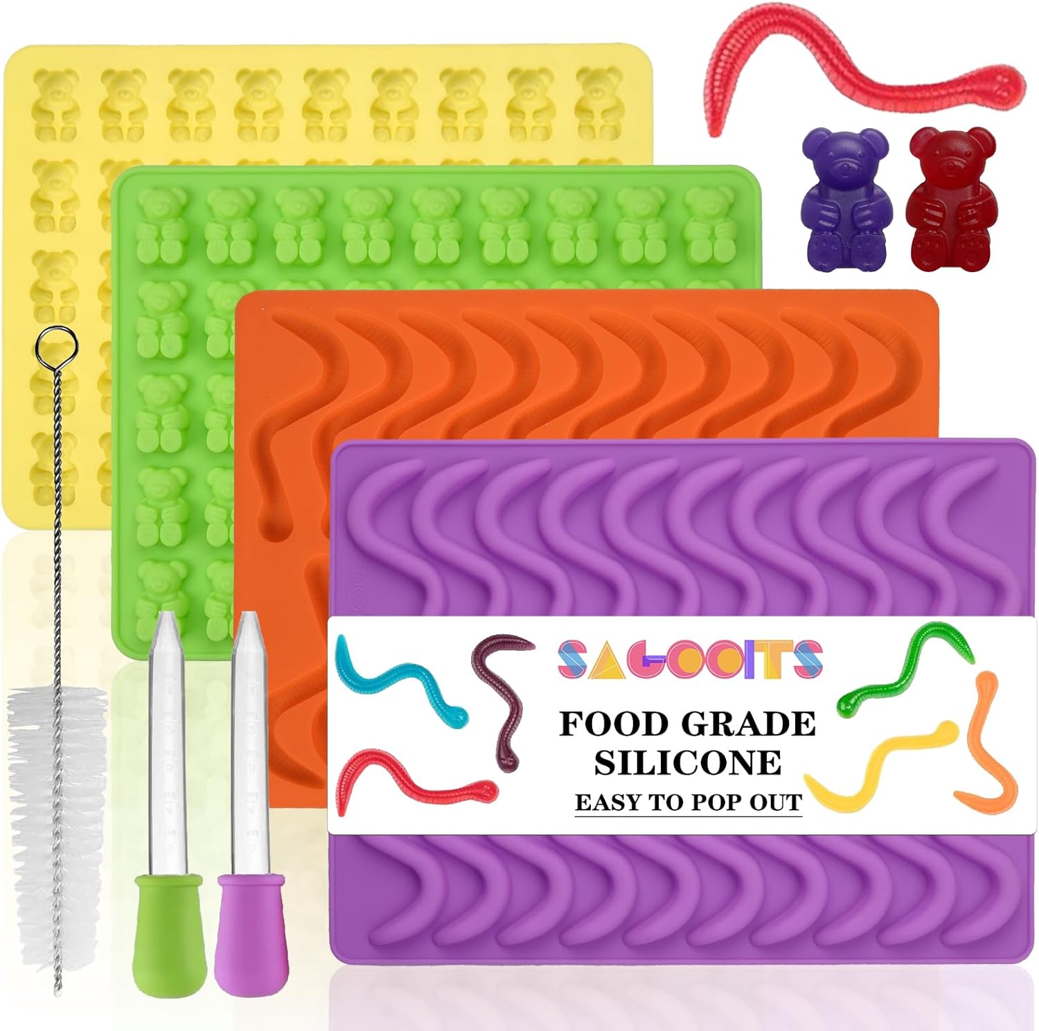 Gummy Bear and Worm Mold Silicone, No Stick Chocolate Candy Gummy Molds,Pack of 4 with 2 Droppers,SAGOOITS Large Gummy Bear Molds Candy Molds