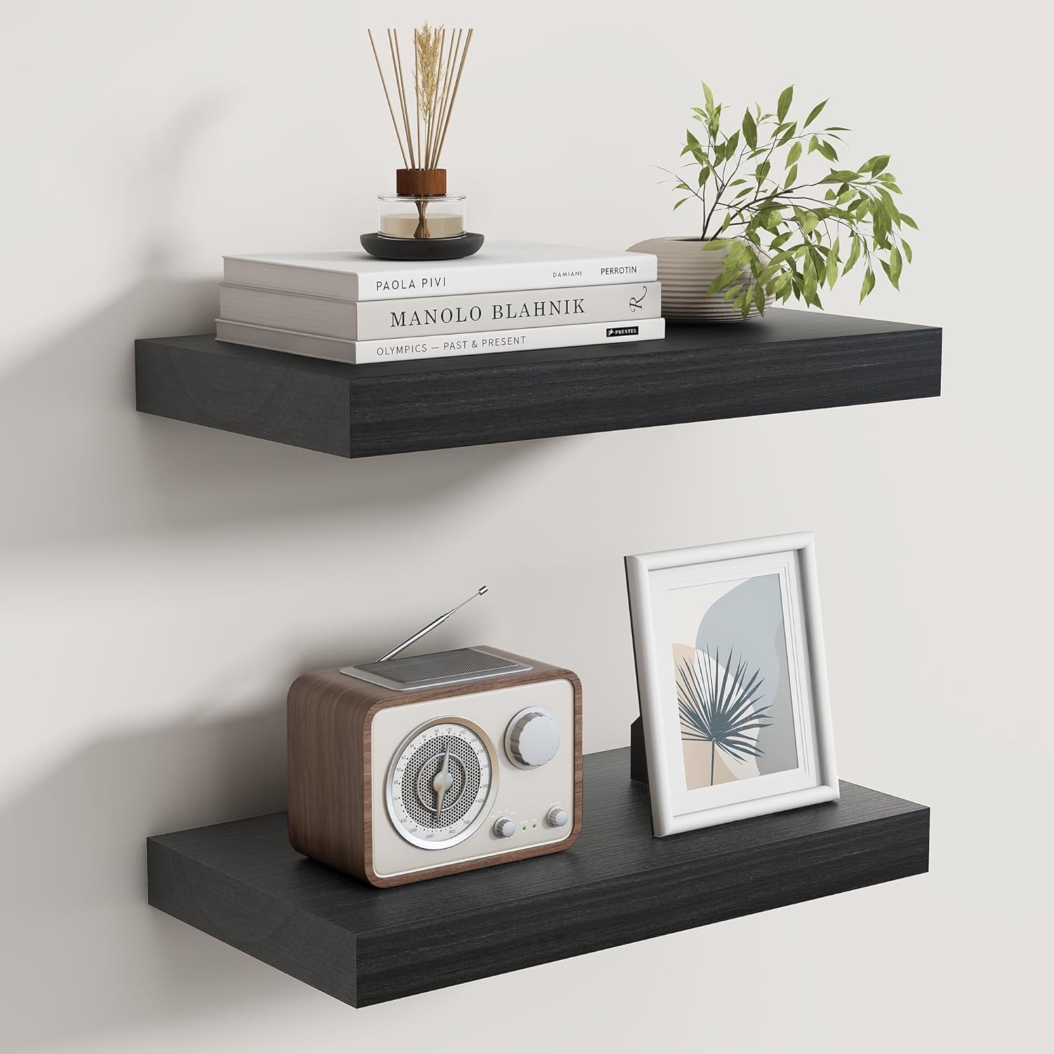 Floating Shelves for Wall, Real Wood Floating Shelf Set of 2, 8 Inch Deep Floating Shelves, Rustic Wood Wall Shelf for Home Decor, Deep Storage Shelves for Bathroom, Kitchen, 16"W x 8"D, Black Color