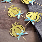 24pcs Pumpkin Cupcake Toppers, Fall Theme Cake Decoration for Baby Shower Party Supplies (Blue Bow)