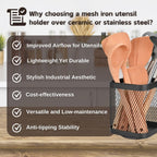 IBERG Rotating Utensil Holder & Coffee Pod Basket - 360° Spinning Base Mesh Metal Organizer for Kitchen Tools (Black Square)