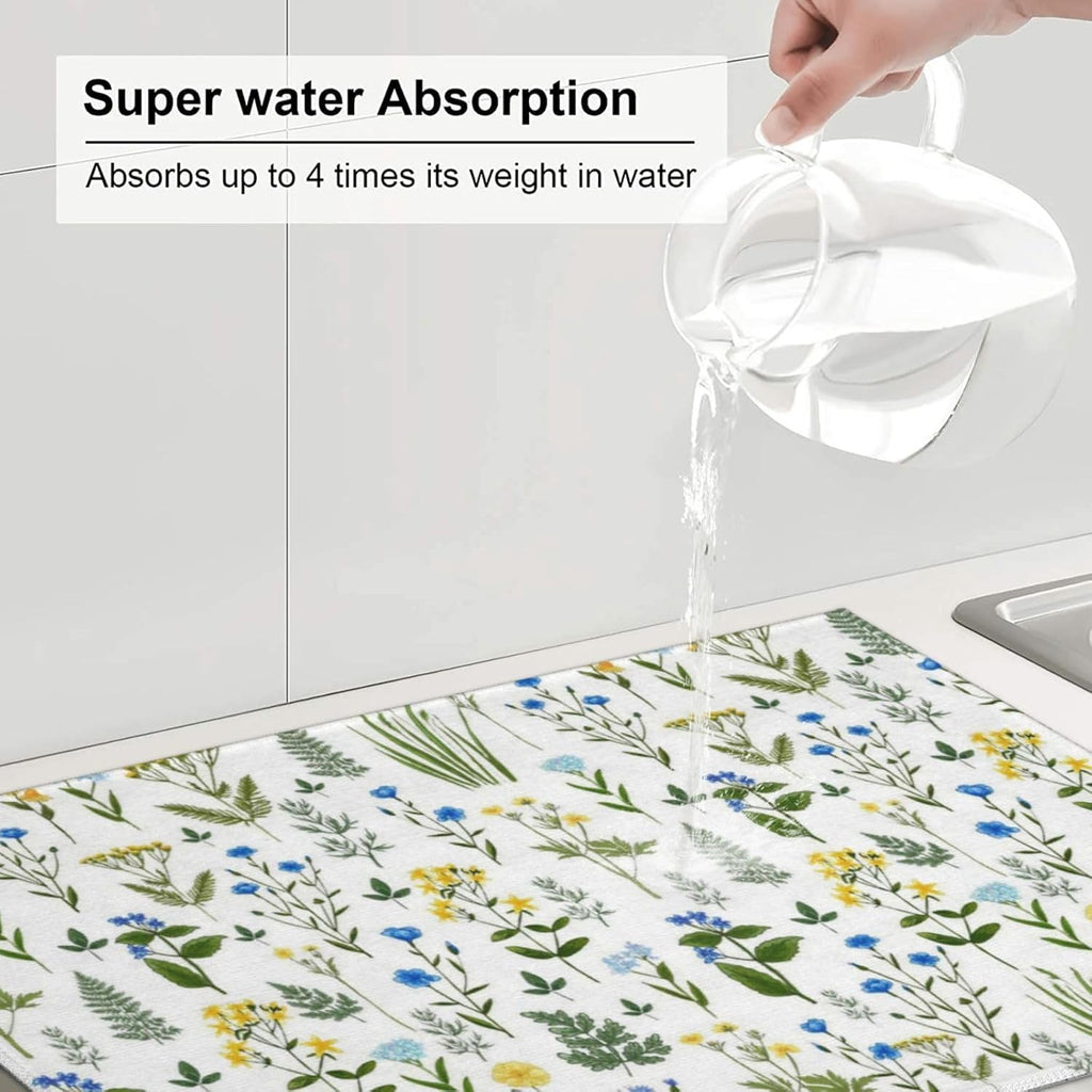 Blue Yellow Wildflower Dish Drying Mats for Kitchen Counter, Vintage Botanic Fern Leaves Floral Kitchen Drainer Pad, 18" x 24" Absorbent Microfiber Washable Reusable Dish Draining Mats, Home Decor