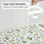 Blue Yellow Wildflower Dish Drying Mats for Kitchen Counter, Vintage Botanic Fern Leaves Floral Kitchen Drainer Pad, 18" x 24" Absorbent Microfiber Washable Reusable Dish Draining Mats, Home Decor