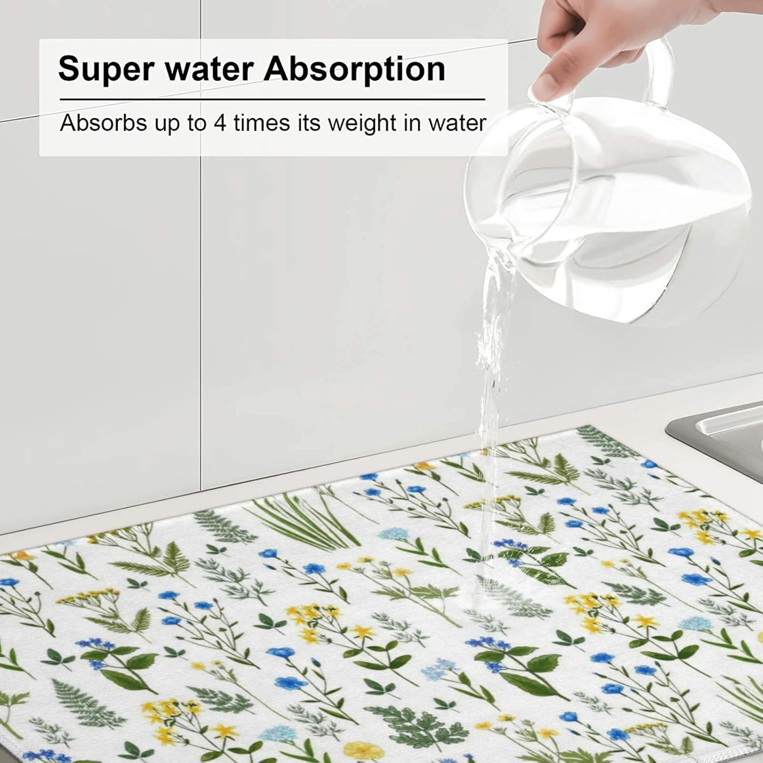 Blue Yellow Wildflower Dish Drying Mats for Kitchen Counter, Vintage Botanic Fern Leaves Floral Kitchen Drainer Pad, 18" x 24" Absorbent Microfiber Washable Reusable Dish Draining Mats, Home Decor