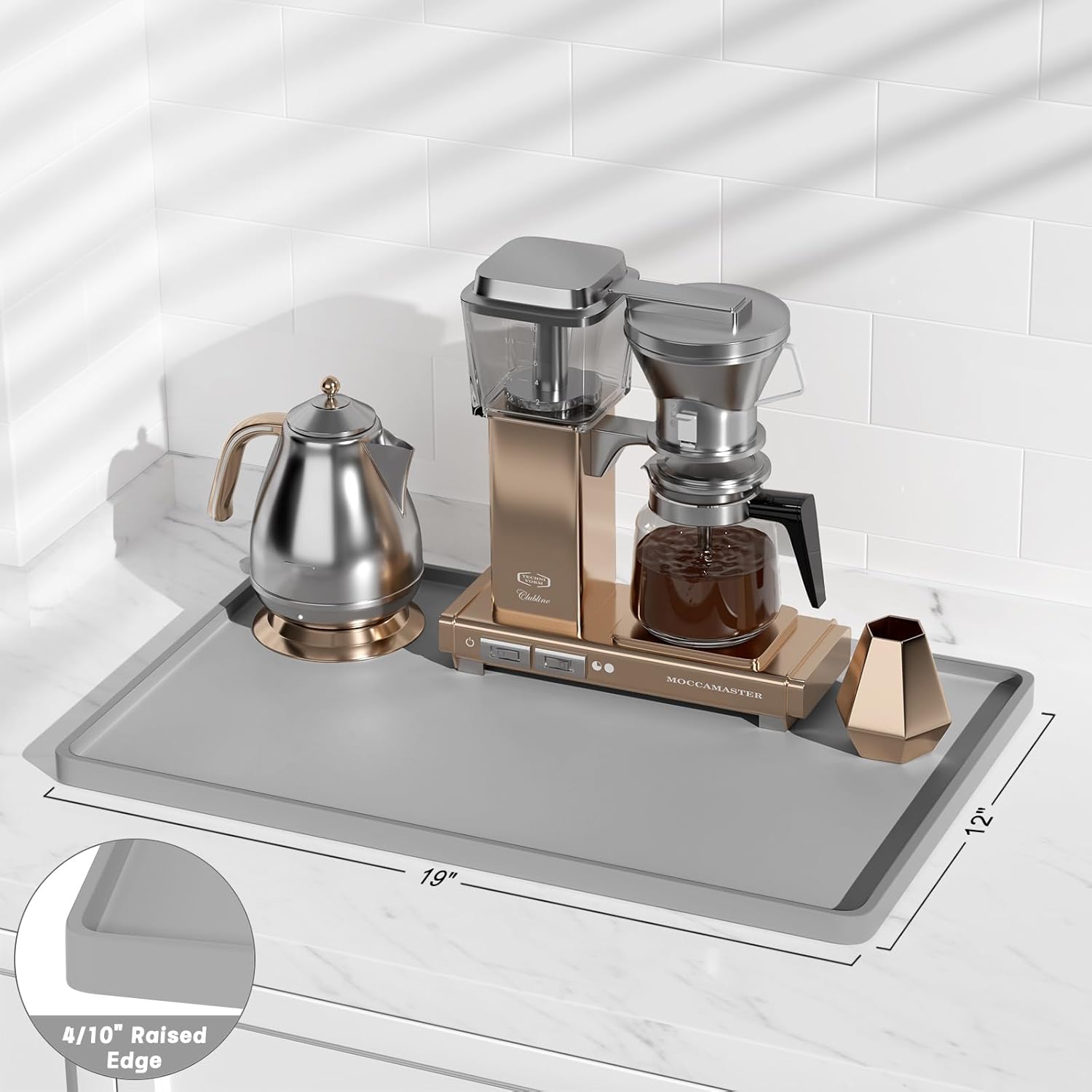 Rnivvi Silicone Coffee Mat, 12" x 19" Waterproof Raised Edge Coffee Bar Mats for Espresso Machine Station Accessories, Heat Resistant Dish Drying Pad for Kitchen Counter, Rubber Bar Decor Pad, Gray