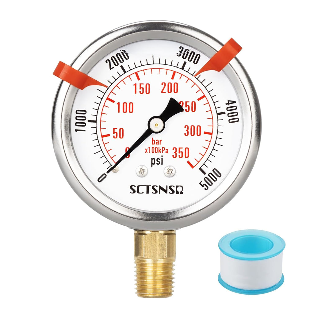 0 to 5000 Psi Hydraulic Pressure Gauge, Glycerin Liquid Filled, 2.5 inch Dial, 1/4" NPT Lower Mount, Stainless Steel Case, for Regulator, HVAC System, Beer Keg, Brew Setup，High Pressure Test