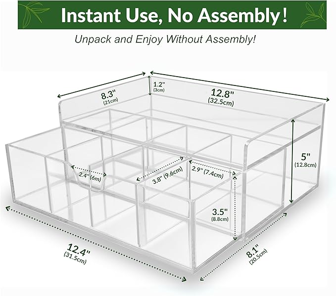 Acrylic Tea Station Organizer for Countertop - Tea Bag Organizer Drawer, Clear Lucite K Cup and Coffee Pod Storage box with 8 Compartments, Tea Caddy Creamer Holder Display Stand