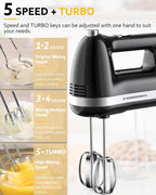 Electric Hand Mixer, Powerful 300W Hand Mixer Electric Handheld with 304 Beaters, Dough Hook,Hand Held Mixer with Turbo for Baking Cakes, Eggs, Cream Food(Black)