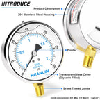 MEANLIN MEASURE 0~30Psi Stainless Steel 1/4" NPT 4" FACE DIAL Liquid Filled Pressure Gauge WOG Water Oil Air Lower Mount, with 1/2" NPT and 3/8" NPT Hex Bushing
