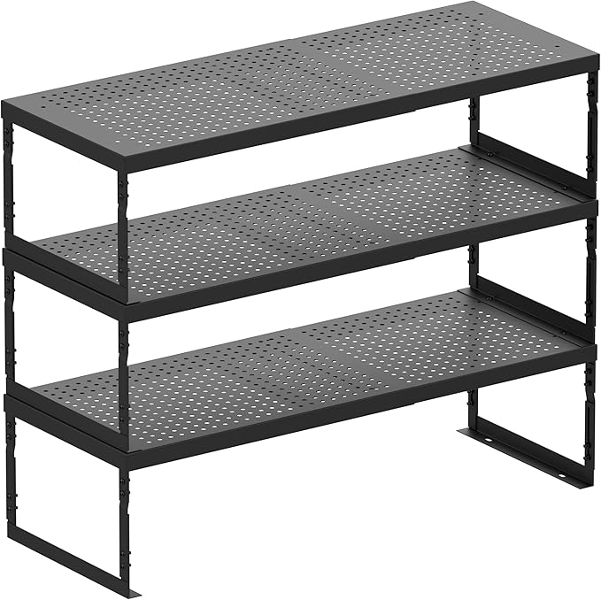Stackable Expandable Metal Shelf Organizer - Adjustable Wire Storage Rack with Holes for Kitchen, Bathroom, Cabinet, Office - Space Saving, Durable & Sturdy Design（3PACKS/Medium/Black